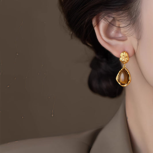 2026 New Vintage Tiger's Eye Dangle Earrings For Women, Luxury Elegant Hong Kong Style Unique Design Fashion Earrings