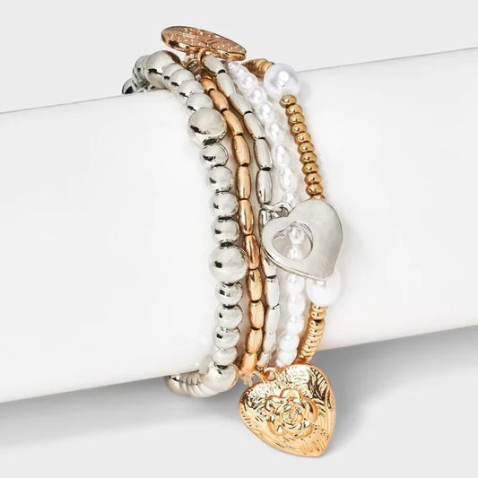 Soft Pearls. Bold Style.&Heart Charm And Pearl Beaded Bracelet 5pc Set - Gold
