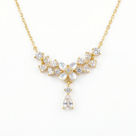925 Sterling Silver Elegant Mother of Pearl Floral Necklace with Sparkling Pear-Cut Gemstone Accents