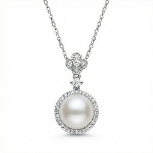925 Sterling Silver Elegant Pearl and Diamond Halo Necklace with Floral Motif Bail