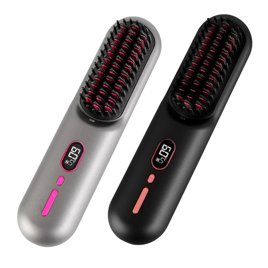 Grey-Black Options -- 1Pc Cordless Negative Ion Hair Straightener Brush Rechargeable Mini Styling Comb With 12 Heating Levels Anti-scald 30S Preheating 30Mins Auto Sleep LCD Display