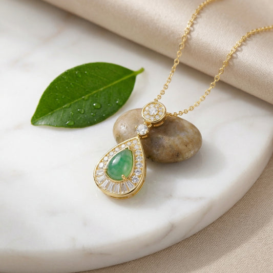 925 Sterling Silver Elegant Jadeite Teardrop Pendant with Sparkling Diamond Accents and Baguette Detailing