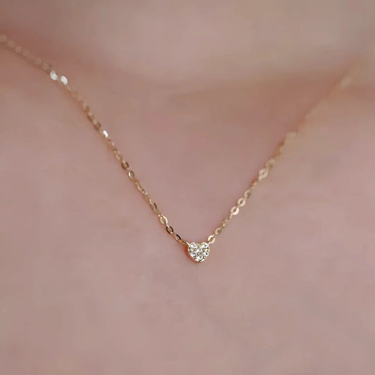 S925 pure silver plated with 14K gold mini heart necklace women's diamond studded peach heart extremely fine collarbone chain 