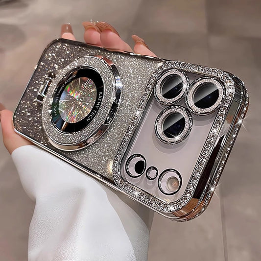 Crystal Glitter Magnetic Mount Bracket for iPhone 17 Pro Max Phone Case with Lens Film, Anti-drop Protection for Apple iPhone 16, 15
