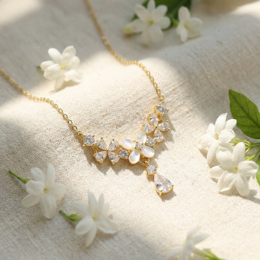 925 Sterling Silver Elegant Mother of Pearl Floral Necklace with Sparkling Pear-Cut Gemstone Accents