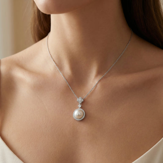 925 Sterling Silver Elegant Pearl and Diamond Halo Necklace with Floral Motif Bail