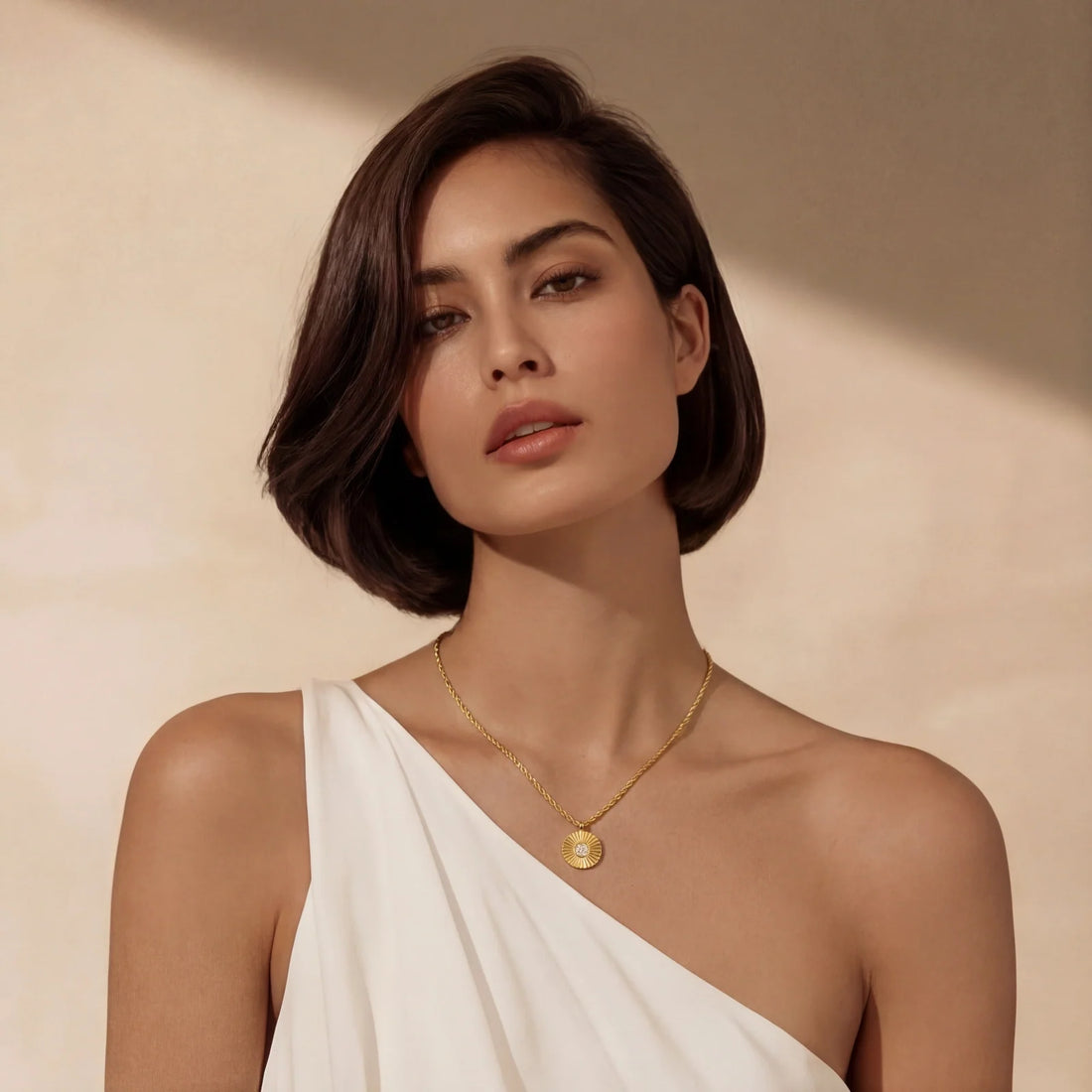 Woman wearing the OLÁA Sunburst Radiance pendant necklace