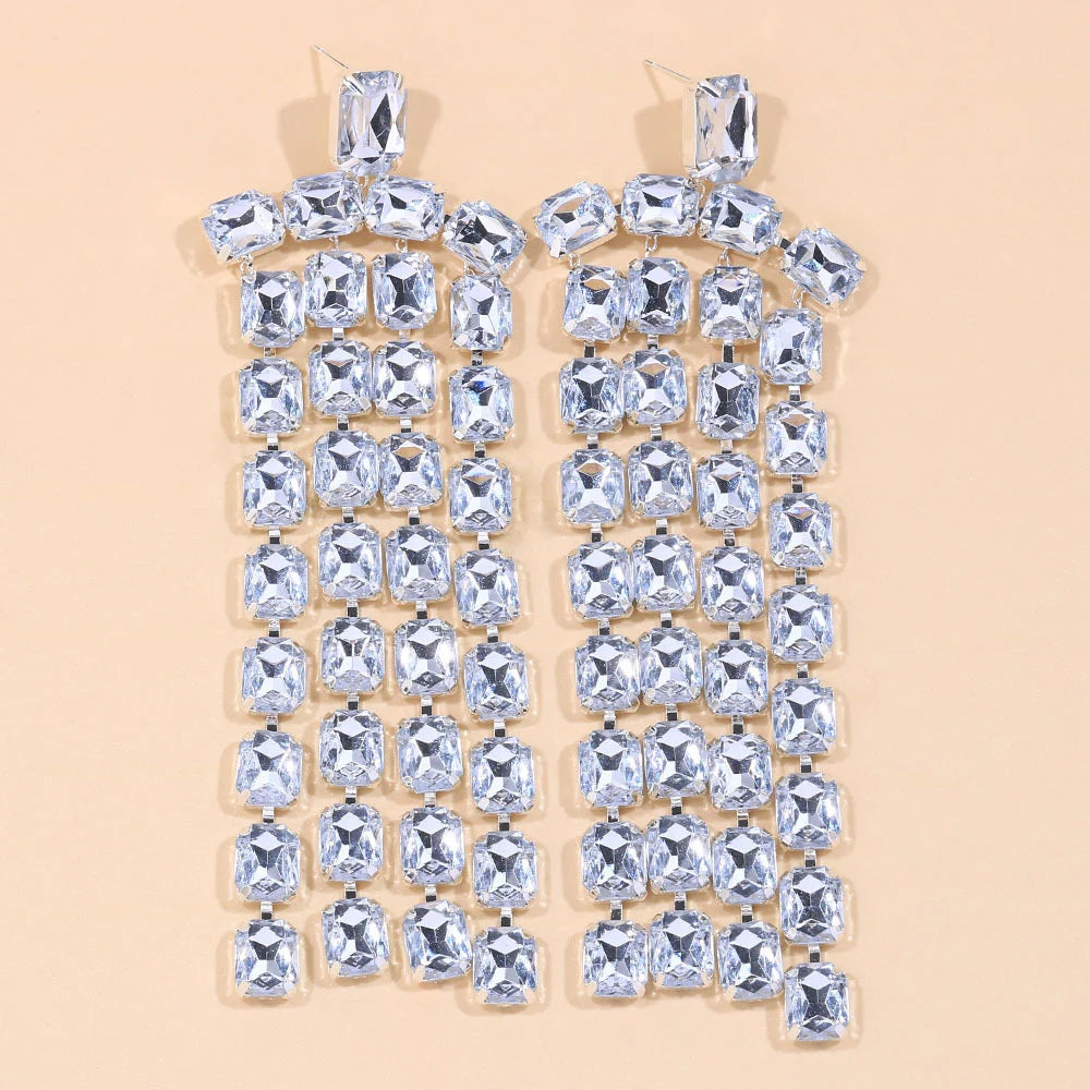Long Fringed Big Drop Earrings Rhinestone Accessories for Girl Women Oversize Crystal Hanging Dangle Earrings Wedding Jewelry