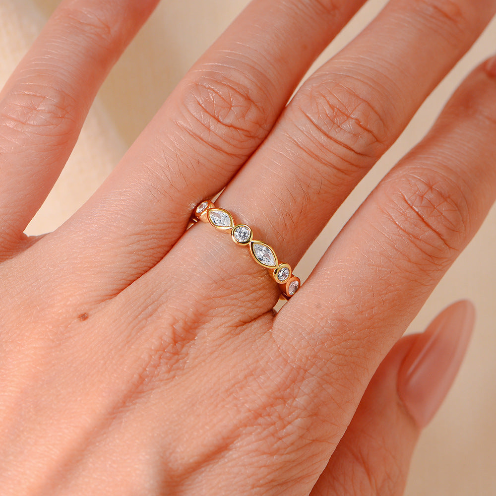 925 Sterling Silver Geometric Round Marquise-Cut Zircon Ring