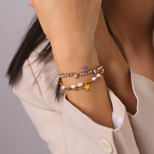 Resort-style 18K Gold Stainless Steel Zircon Bracelet & Soft Sparkle for Beautiful Moments