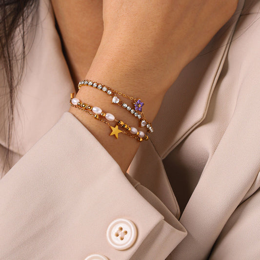 Resort-style 18K Gold Stainless Steel Zircon Bracelet & Soft Sparkle for Beautiful Moments