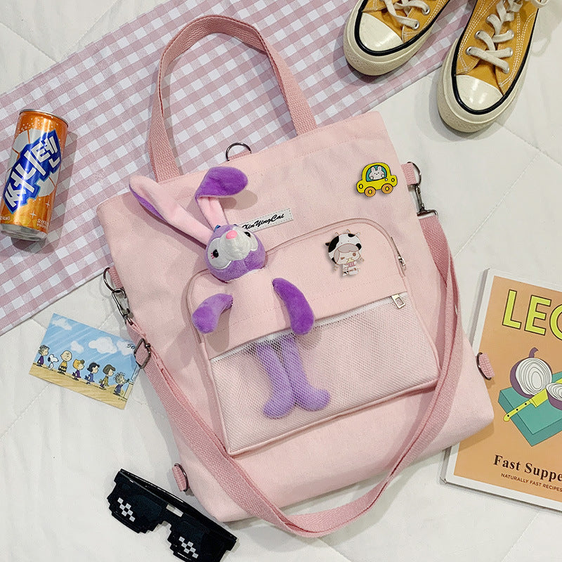 New Fashion Bear Doll Multi-Purpose Canvas Bag Large-Capacity One-Shoulder Messenger Girl Backpack College Student Bag