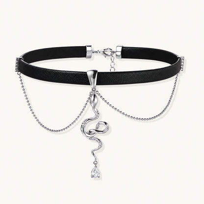 Black leather choker with white gold-plated serpent pendant adorned with zirconia crystals and teardrop charm