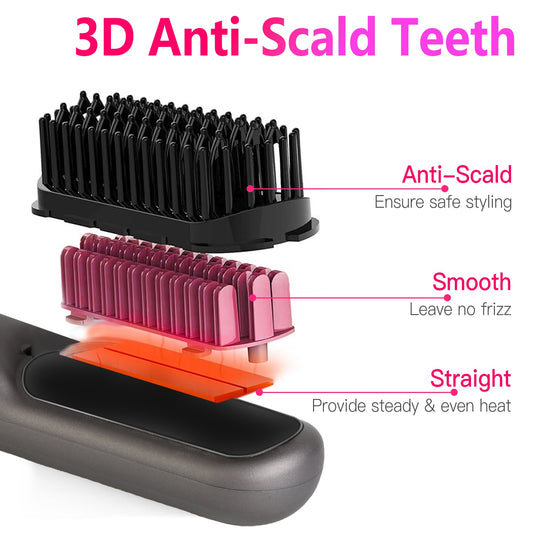 Grey-Black Options -- 1Pc Cordless Negative Ion Hair Straightener Brush Rechargeable Mini Styling Comb With 12 Heating Levels Anti-scald 30S Preheating 30Mins Auto Sleep LCD Display