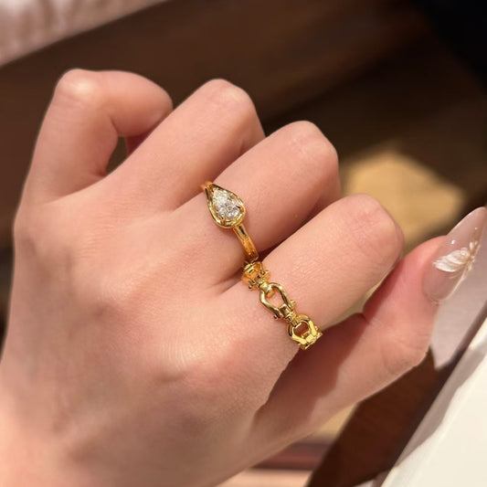 Mermaid Tears Semi-Luxury Horseshoe Waterdrop Pear-Shaped Diamond Ring Niche Style