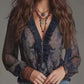 Romantic Boho Deep V-Neck Paisley Ruffle Chiffon Shirt