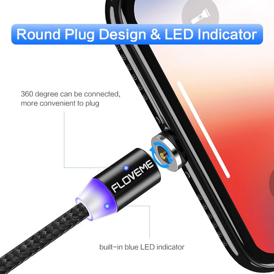 FLOVEME 1M Magnetic Charge Cable , Micro USB Cable For iPhone XR XS Max X Magnet Charger USB Type C Cable LED Charging Wire Cord