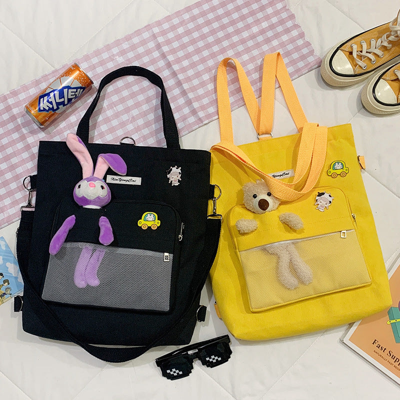 New Fashion Bear Doll Multi-Purpose Canvas Bag Large-Capacity One-Shoulder Messenger Girl Backpack College Student Bag