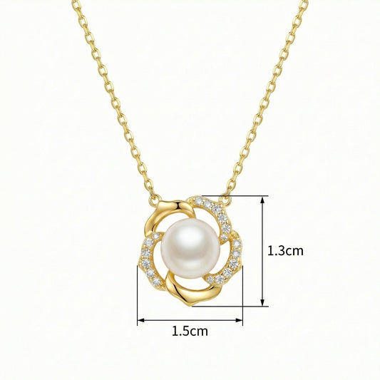 925 Sterling Silver Elegant White Pearl Floral Swirl Pendant Necklace with Shimmering Accents
