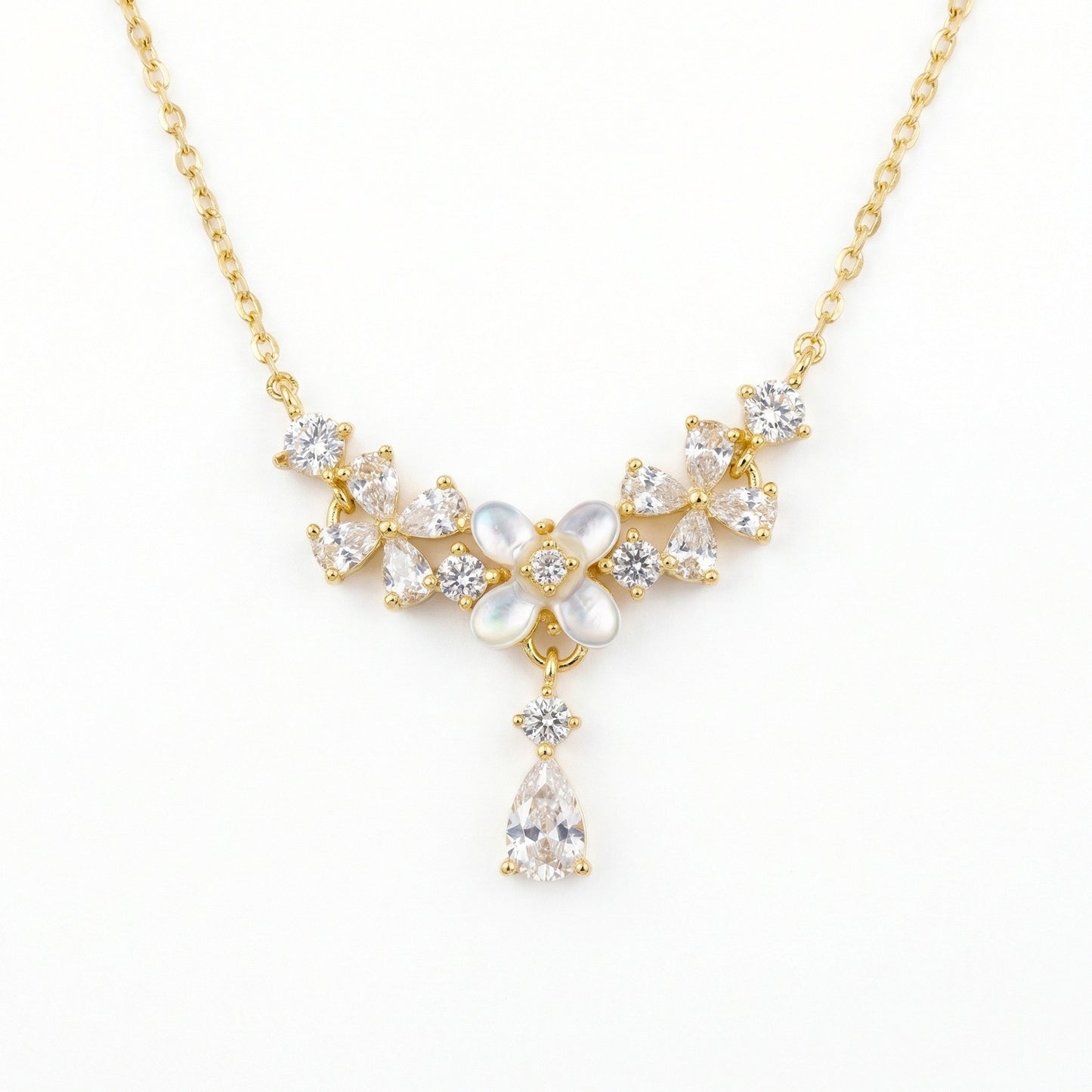 925 Sterling Silver Elegant Mother of Pearl Floral Necklace with Sparkling Pear-Cut Gemstone Accents