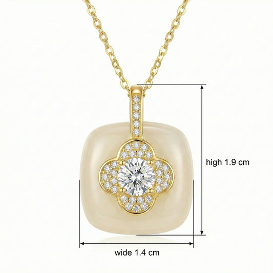 925 Sterling Silver Elegant Diamond Quatrefoil Clover Cream Stone Pendant Necklace