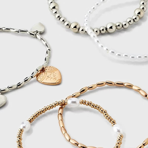Soft Pearls. Bold Style.&Heart Charm And Pearl Beaded Bracelet 5pc Set - Gold
