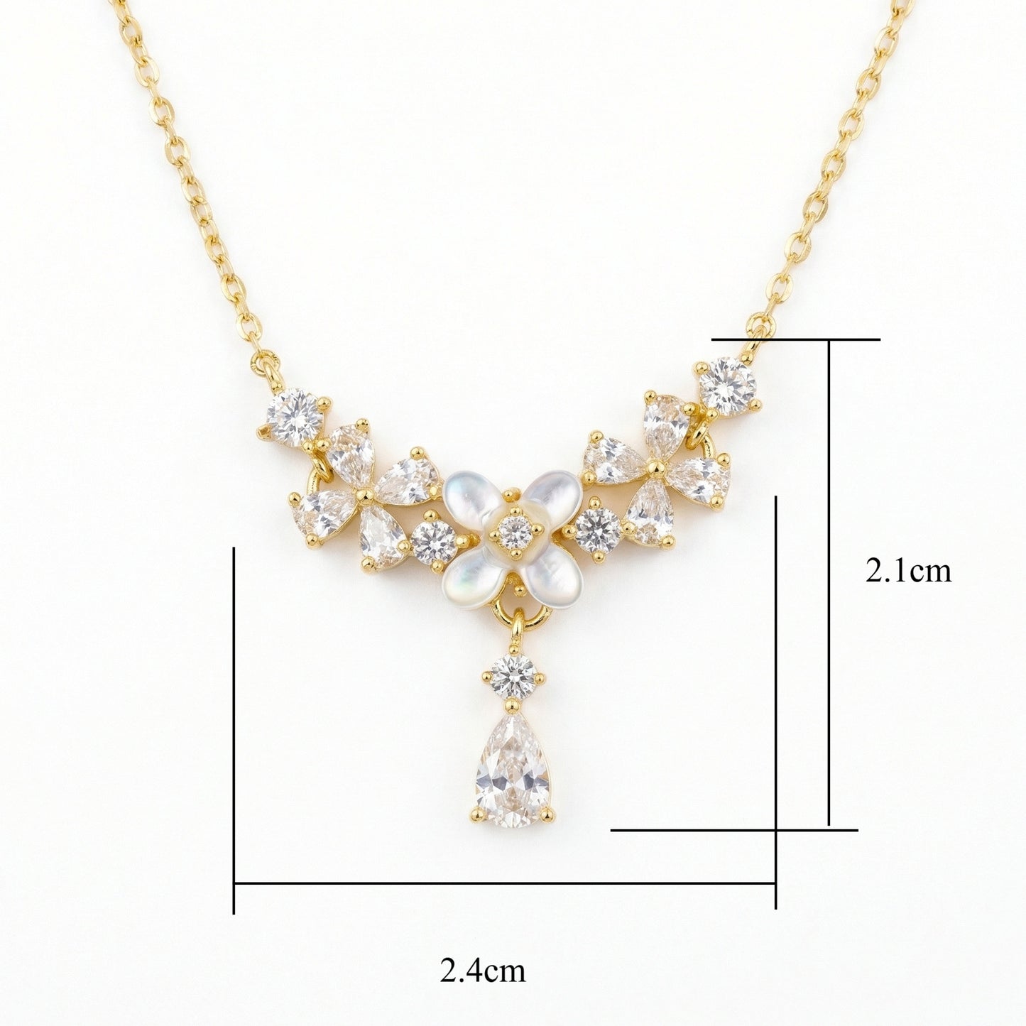 925 Sterling Silver Elegant Mother of Pearl Floral Necklace with Sparkling Pear-Cut Gemstone Accents