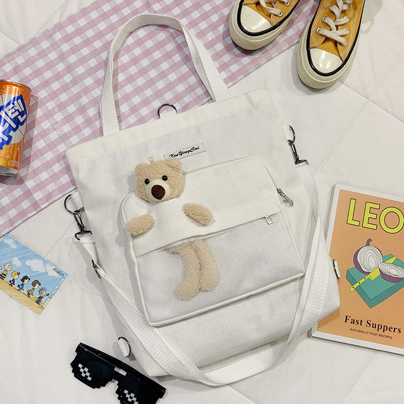 New Fashion Bear Doll Multi-Purpose Canvas Bag Large-Capacity One-Shoulder Messenger Girl Backpack College Student Bag