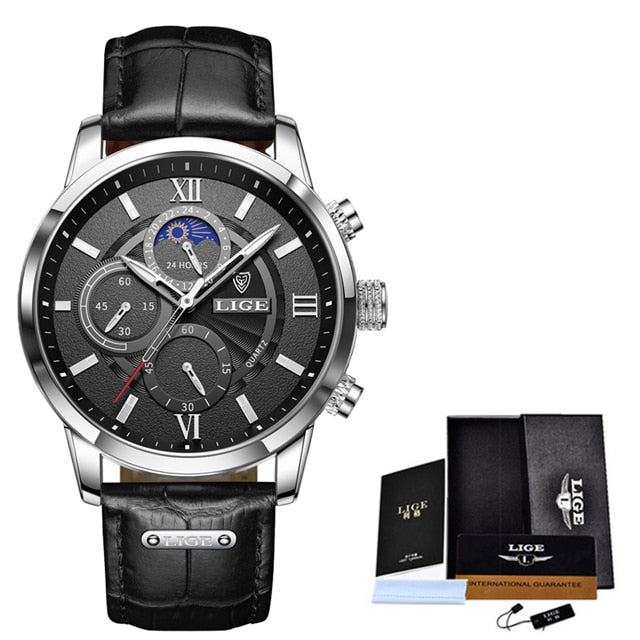 LIGE Men's Watches Top Brand Luxury Men Wrist Watch Leather Quartz Watch Sports Waterproof Male Clock Relogio Masculino+Box