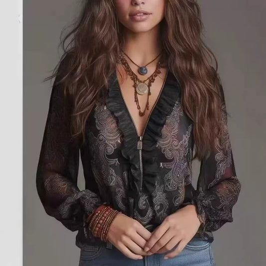 Romantic Boho Deep V-Neck Paisley Ruffle Chiffon Shirt
