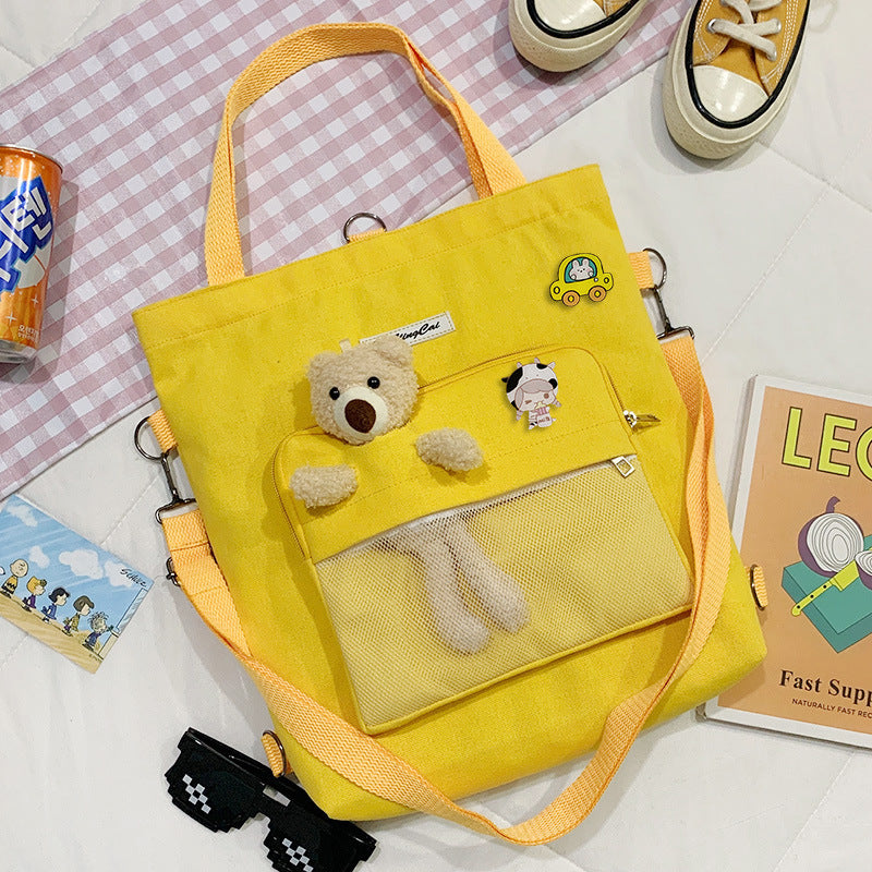 New Fashion Bear Doll Multi-Purpose Canvas Bag Large-Capacity One-Shoulder Messenger Girl Backpack College Student Bag