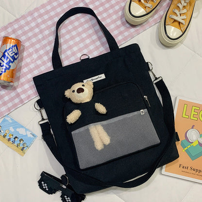 New Fashion Bear Doll Multi-Purpose Canvas Bag Large-Capacity One-Shoulder Messenger Girl Backpack College Student Bag