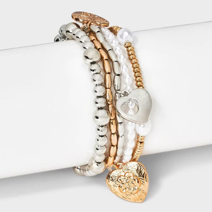 Soft Pearls. Bold Style.&Heart Charm And Pearl Beaded Bracelet 5pc Set - Gold