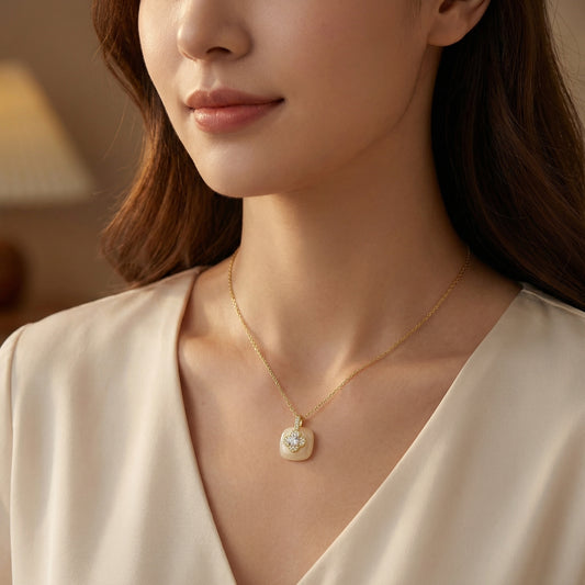 925 Sterling Silver Elegant Diamond Quatrefoil Clover Cream Stone Pendant Necklace