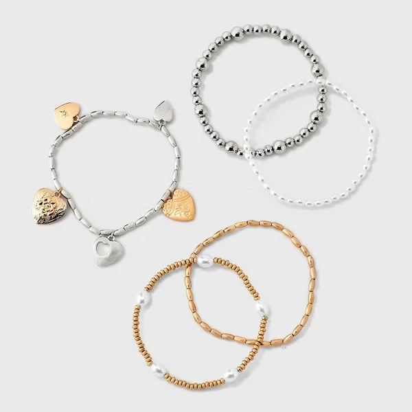 Soft Pearls. Bold Style.&Heart Charm And Pearl Beaded Bracelet 5pc Set - Gold