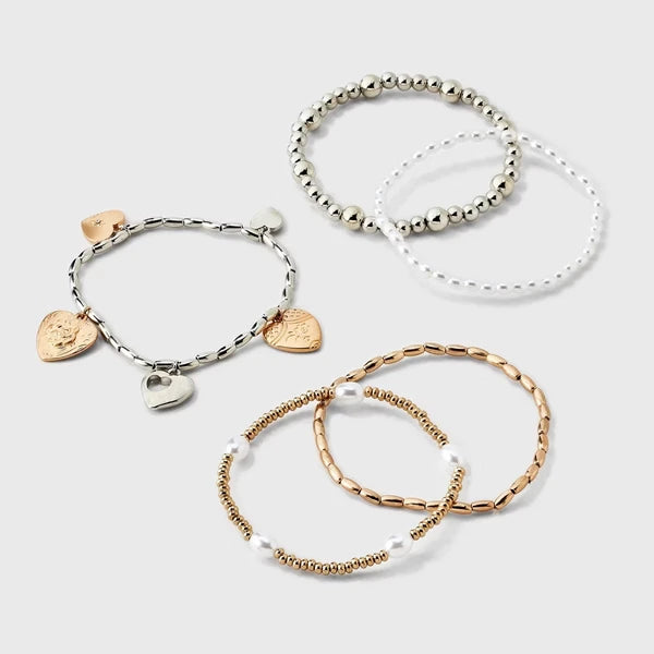 Soft Pearls. Bold Style.&Heart Charm And Pearl Beaded Bracelet 5pc Set - Gold